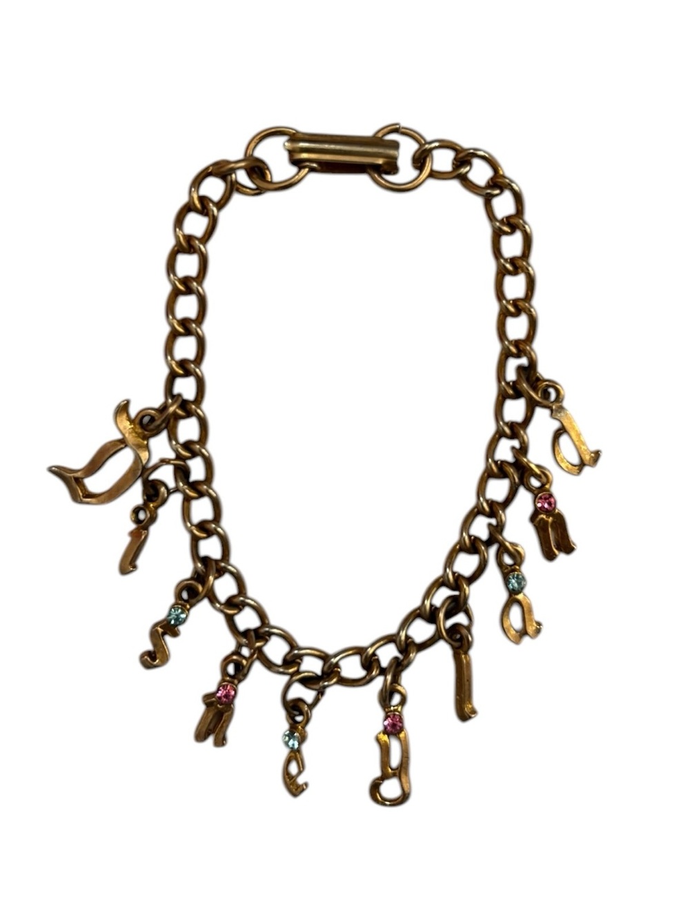 Vintage Disneyland Little Miss Charm Bracelet Gold Tone Girls Rhinestones Letter